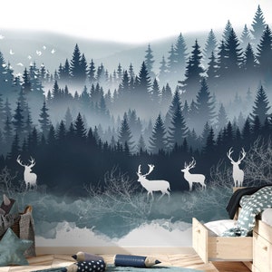 Kinder Wallpaper schälen und aufkleben Hirsch Silhouette mit Nebelwald Wandbild