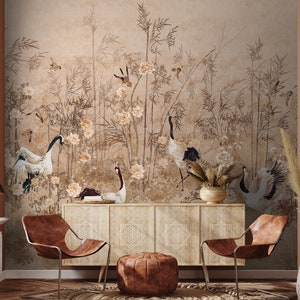 Boho Chinoiserie Landschaft Tapete |  Aquarell Kranich Vögel asiatischen Stil Wandbild | Wallpaper von einem zarten Pfingstrosen Baum mit Vögeln