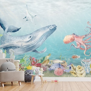 Kinder Tapete Unterwasserwelt Süßer Wal mit Meerestieren Wandbild Schälen und Aufkleben