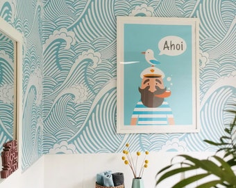 Wave Wallpaper Peel and Stick | Pink Blue Ocean Waves Wall Mural