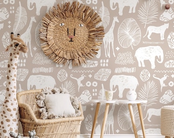 Monochrome Safari Animals Kids Wallpaper Peel and Stick | Tropical Leaves with Jungle Animal Wall Mural