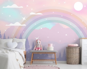 Nursery Soft Colors Rainbow Wallpaper for Girls Peel and Stick | Kids Fantastic Landscape with Shiny Stars Wall Mural |