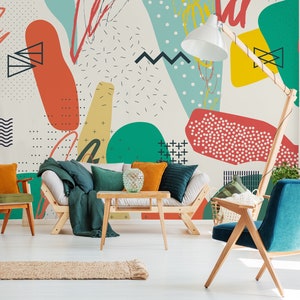 Papier peint d'art de forme abstraite Peler et coller | murale géométrique colorée | Formes modernes avec papier peint Brush Art