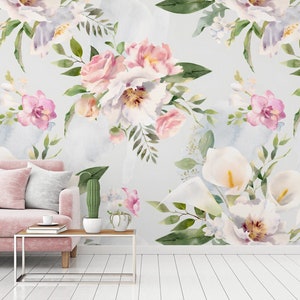 Watercolor Floral Wallpaper Peel and Stick  | White Flower Wall Mural | Peony Flower Wallpaper