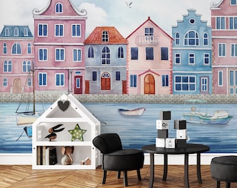 Kids Amsterdam Houses Wallpaper Watercolor Colorful Buildings Wall Mural Nursery House Peel and Stick
