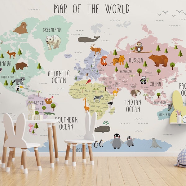Kids Map Wallpaper Peel and Stick Educational Continent World Map Wall Mural
