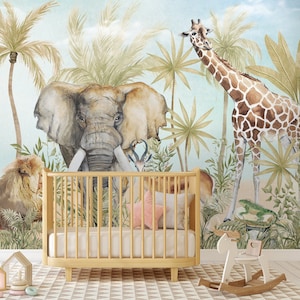 Carta da parati per bambini stacca e incolla/murale con animali safari in acquerello