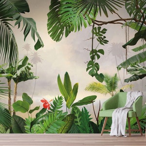 Carta da parati tropicale murale con foresta pluviale esotica staccabile e incollabile