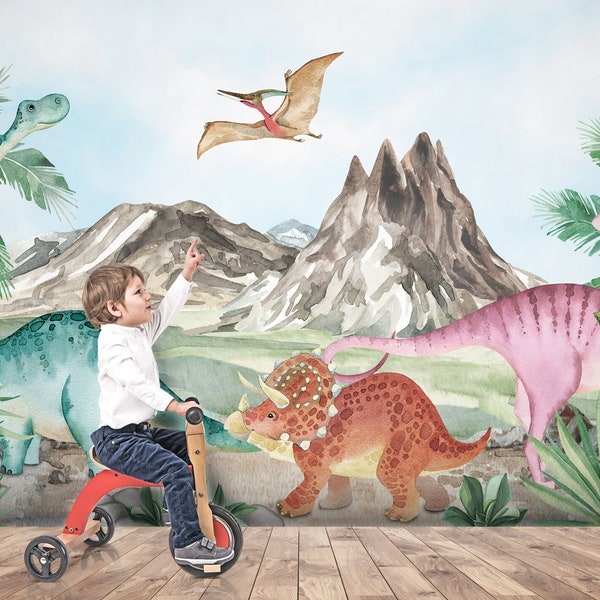 Watercolor Dinosaurs Kids Colorful Wallpaper | Cute T-rex Jurassic World Wall Mural Peel and Stick | Prehistory Animals Nursery Wallpaper