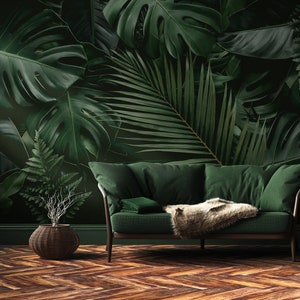 Dark Tropical Wallpaper | Jungle Leaves Elegant Monstera Leaf Peel and Stick | Realistic Exotic Leaves Wall Mural