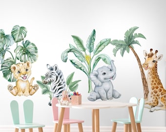 Linda calcomanía de pared de animales de safari para niños, calcomanías de pared extraíbles para pelar y pegar, pegatinas de pared de animales africanos