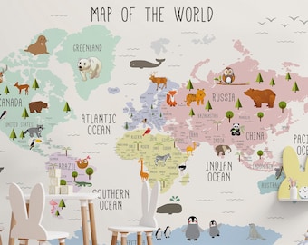 Kids Map Wallpaper Peel and Stick Educational Continent World Map Wall Mural