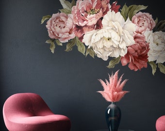 Peony Floral Wall Decal Watercolor Soft Flowers Wall Sticker Peel and Stick