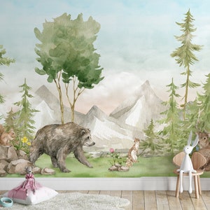Kids Wallpaper Peel and Stick | Watercolor Pine Forest with Animals Wall Mural