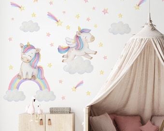 Aquarel eenhoorn muur sticker | Kleurrijke regenboog meisjeskamer muursticker | Kwekerij Fairytale muur sticker