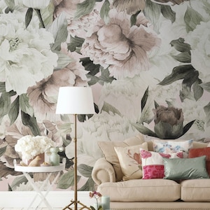 Floral Wallpaper Peel and Stick | Watercolor Soft Peony Flower Wall Mural