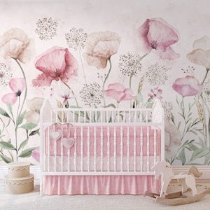 Papier peint floral aquarelle coquelicot | Peinture à la main Peler et coller des fleurs douces | Murale florale de couleur pastel