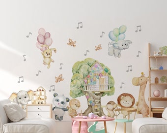 Safari Dancing Animals Wall Decal | Cute Playing Animals Sticker | Watercolor Treehouse Wall Decal