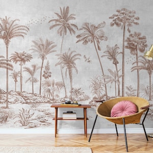 Monochrome Palm Forest Wallpaper | Tropical Vintage Wall Mural | Coconut Tree Peel and Stick