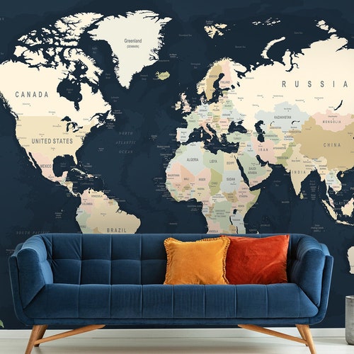 Giant World Map Wall Mural Removable Wallpaper Map of the Etsy