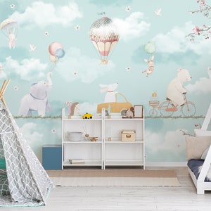 Kids Wallpaper Watercolor Circus Convoy Wall Mural Hot Air Balloon Flying Animals Nursery Peel and Stick