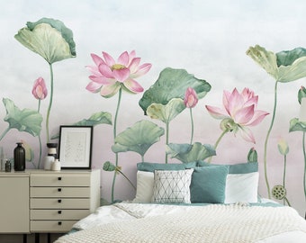 Lotus Flower Peel and Stick Wallpaper / Acuarela Lotus Leaves Wall Mural / Indian Flowers with Buds Wallpaper