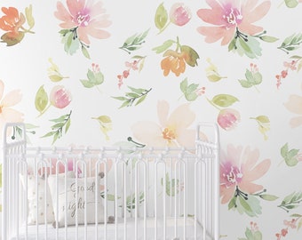 Soft Watercolor Floral Wallpaper | Nursery Floral Wall Mural | Pink Flower Art Wallpaper