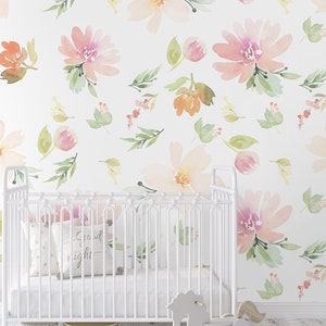 Papier peint floral aquarelle douce | Peinture murale florale de pépinière | Fond d'écran d'art de fleur rose