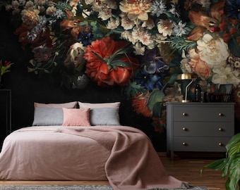 Dutch Floral Wallpaper | Elegant Flowers Peel and Stick | Golden Age Dark Floral Wall Mural