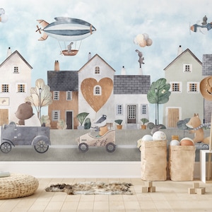 Kids Watercolor House Wallpaper | Cute Convoy Animal Cars Wall Mural | Nursery Hand Paint Road Peel and Stick