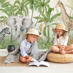 Carta da parati Safari per bambini Stacca e incolla Murale con simpatici animali della giungla