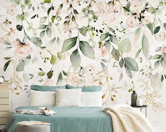 Leaf Wallpaper Peel and Stick Watercolor Green Leaves with Soft Floral Wall Mural