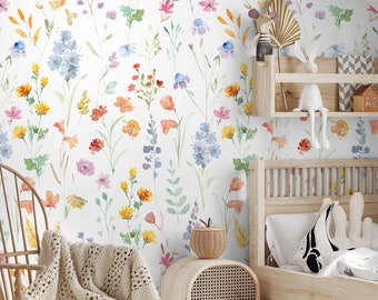 Kids Watercolor Wild Floral Wallpaper | Colorful Wild Flower Wall Mural | Summer Flower Hand Paint Wallpaper