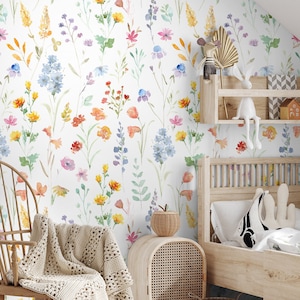 Kids Watercolor Wild Floral Wallpaper | Colorful Wild Flower Wall Mural | Summer Flower Hand Paint Wallpaper