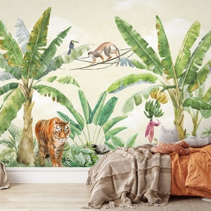 Carta da parati per bambini con adesivi / Simpatici animali da safari nella foresta pluviale