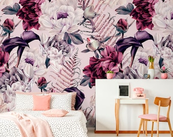 Watercolor Floral Peony Wallpaper | Colorful Flower Wall Mural | Large Vibrant Floral Wallpaper
