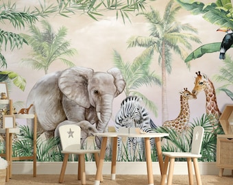Kids Wallpaper Peel and Stick | Safari Animals with Baby Wall Mural