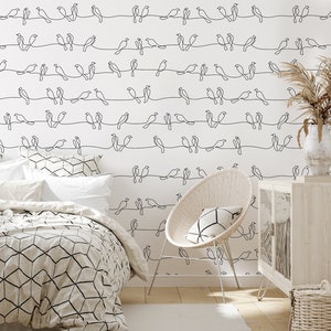 Carta da parati per uccelli Peel and Stick / Elegante murale di arte della linea di animali / carta da parati della linea di uccelli per le camere morbide di Boho