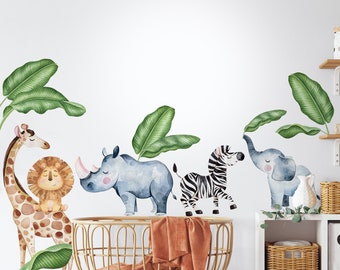 Safari Wall Decal Peel and Stick |  Kids Wall Decal | Giraffe Zebra Lion Hippopotam Animals Wall Sticker