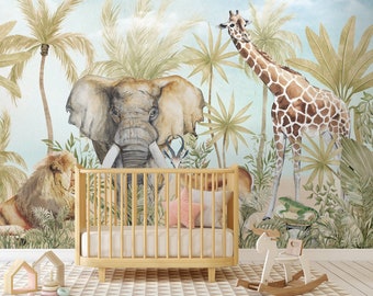 Papel de parede infantil descasque e cole | Mural de parede de animais de safári em aquarela