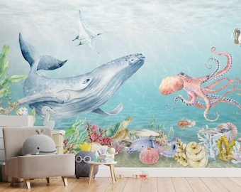 Kids Undersea Wallpaper Cute Whale with Sea Animals Wall Mural Peel and Stick