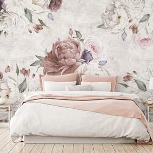 Papier peint floral de couleur douce aquarelle | Papier Peint Floral Pivoine Doux Bouquet Floral Mural Peler et Coller