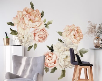 Flower Wall Decals | Peony Wall Decal | Peachy Pink Watercolor Floral Wall Sticker