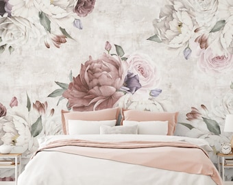 Papel tapiz floral de color suave de acuarela / Papel tapiz floral de peonía Ramo floral suave Mural de pared Peel and Stick