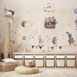 Nursery Wallpaper | Cute Rabbits and Bears on the Balloon Wall Mural for Toddler Room | Kids Circus Playing Animals Peel and Stick