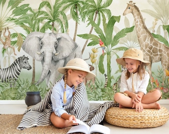 Papel de parede infantil Safari, descasque e cole, mural de parede fofo de animais da selva