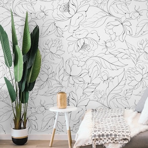 Carta da parati floreale con disegno di peonie / Carta da parati murale minimalista astratta con linee di fiori / Carta da parati floreale in bianco e nero con adesivi