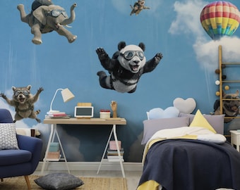 Kids Playful Animals Wallpaper | Funny Skydiving Animal Friends Wall Mural