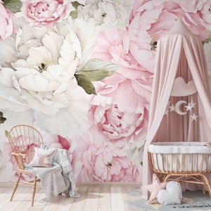 Carta da parati con peonia acquerello per bambini / Carta da parati floreale con peonia rosa per camera delle ragazze / Carta da parati con peonie di fiori della scuola materna