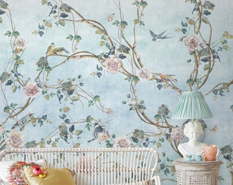 Chinoiserie Wallpaper Peel and Stick | Watercolor Peony Flower with Birds Wall Mural